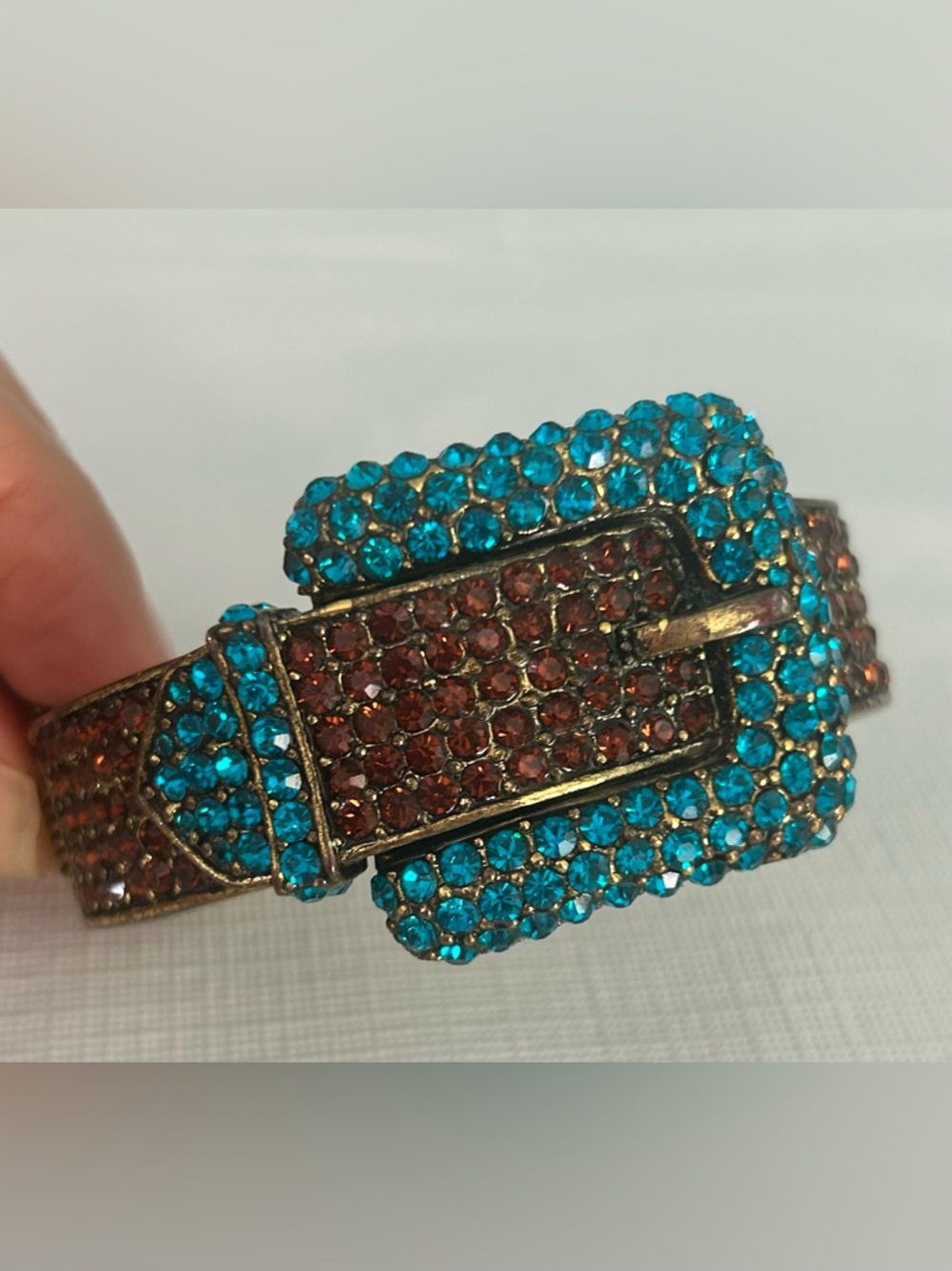 Swarovski style Blue & Brown Crystal Belt Buckle Bracelet Hinged Copper Tone